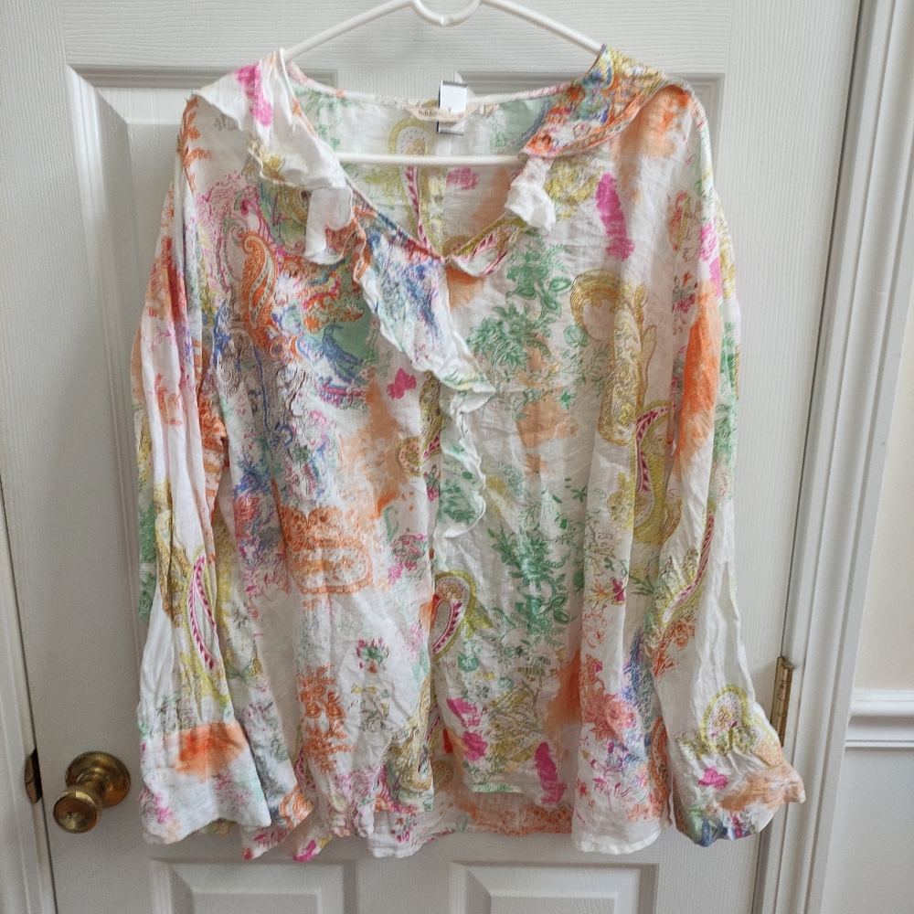 Soft Surroundings 1x Linen Adeline Floral Ruffle Blouse Long Sleeve Paisley